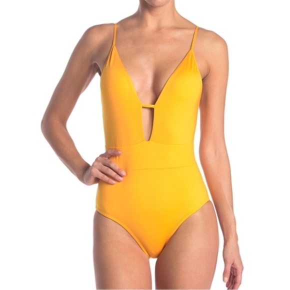 Becca Swim Rebecca Virtue One Piece Swimsuit Tie Back Yellow Plunge Size S - Picture 1 of 12